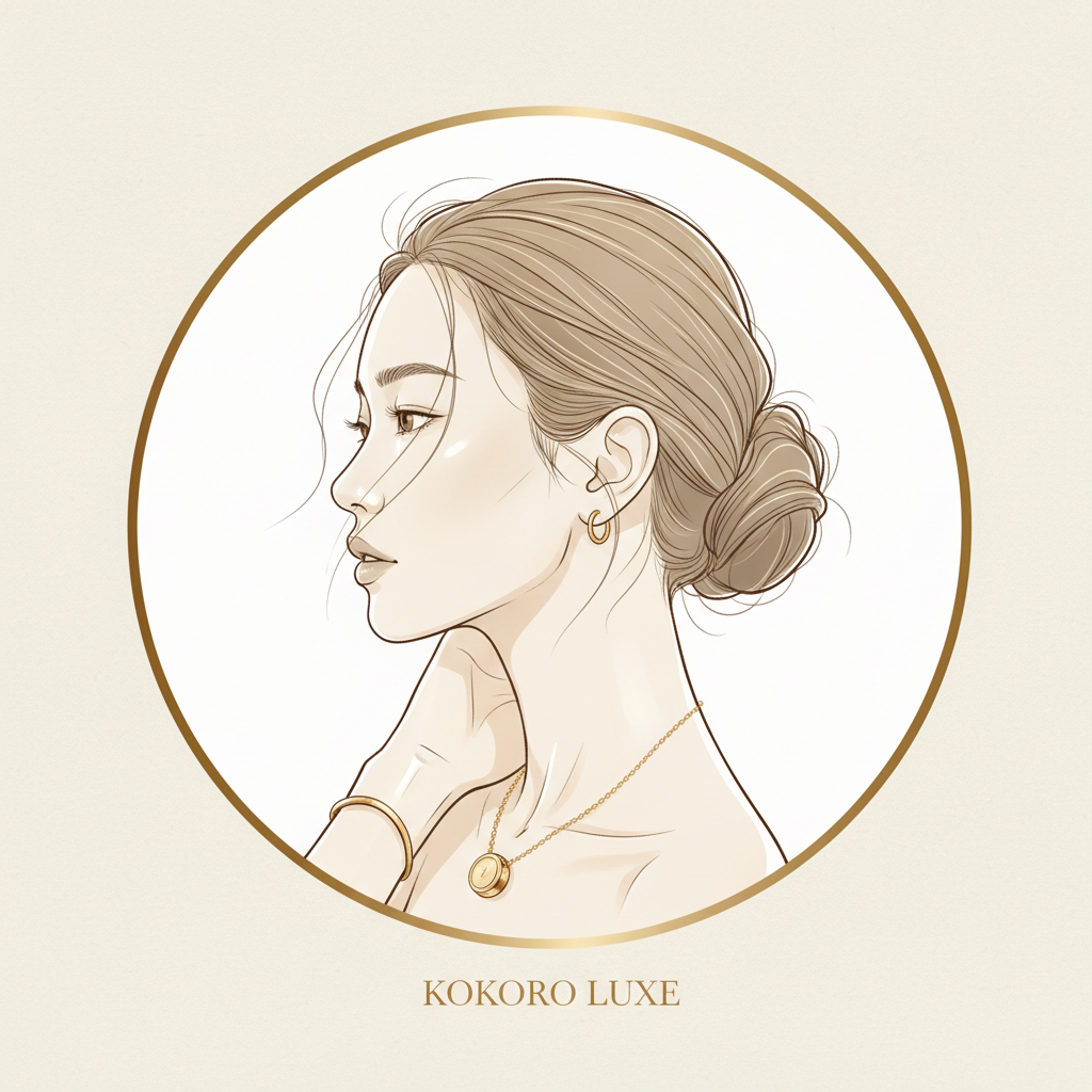 Elegant minimalist circular profile illustration of a Japanese woman with delicate jewelry, wearing a simple elegant necklace or pendant. Soft monochromatic color palette with warm, sophisticated tones. Style: modern minimalist illustration, refined linework, perfect for a luxury accessory brand.