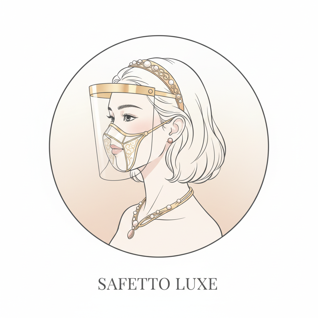 Elegant minimalist circular profile illustration of a different Japanese woman wearing stylish protective safety accessory as jewelry. Modern sophisticated illustration style, refined linework. Soft color palette with warm, elegant tones.
