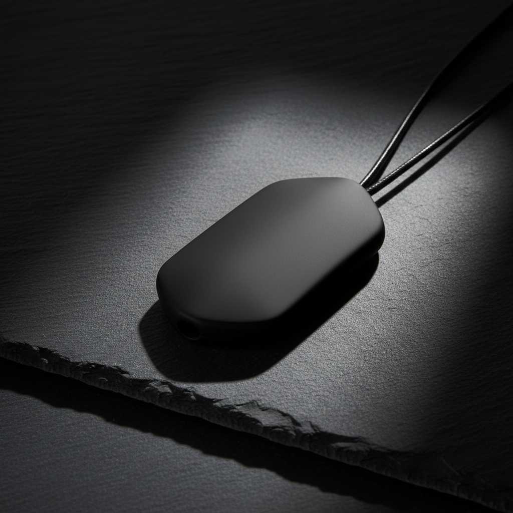 A close-up, photographic image of a sleek防犯アクセサリー designed as a minimalist pendant. The main unit is a slim, matte champagne-gold bar with a seamless side button and a tiny metallic loop for attaching interchangeable charms in deep navy, sand beige, and smoky rose. It rests on a smooth, warm-gray stone surface beside neatly arranged metal rings and leather straps, hinting at customization options. Soft studio lighting from the upper left creates refined highlights along the metal edges and gentle shadows beneath, emphasizing texture and build quality. Shot at eye level with a shallow depth of field, the pendant is in sharp focus while the background fades into a sophisticated blur, conveying calm, urban elegance and discreet protection as everyday jewelry.