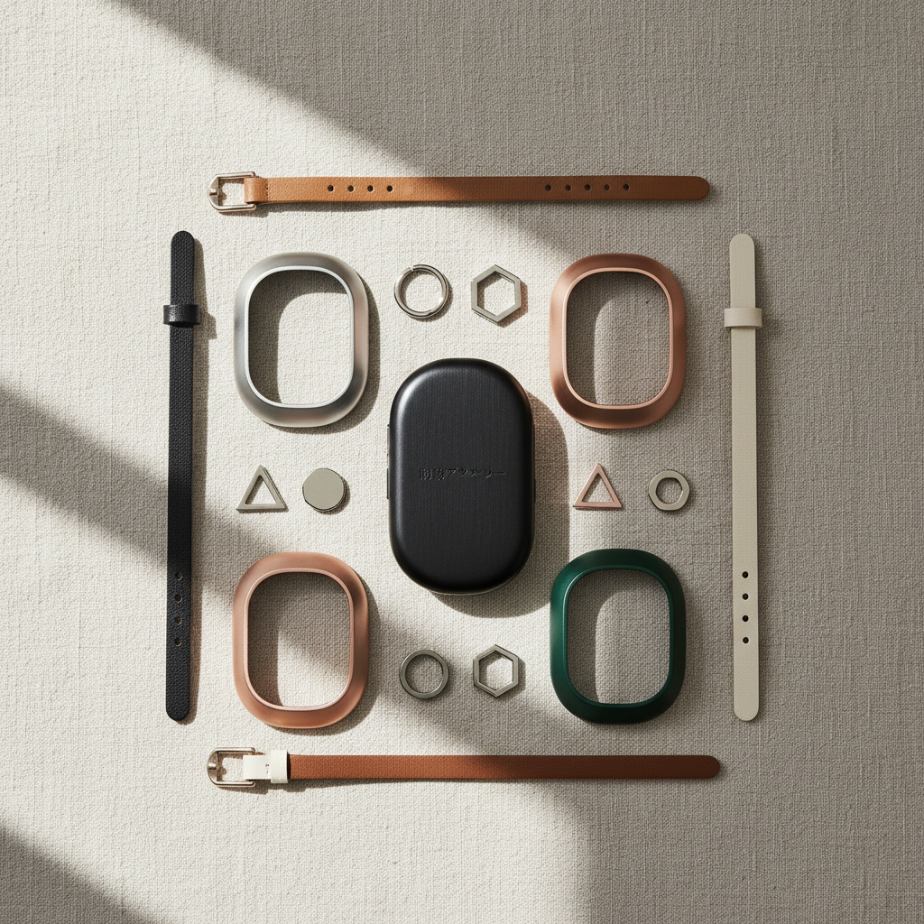 An assortment of custom防犯アクセサリー modules laid out in a carefully organized flat lay on a pale taupe linen cloth. At the center, a matte black oval main unit with a subtle brushed texture, surrounded by interchangeable outer frames in brushed silver, muted rose gold, and deep forest green, plus slim leather straps and geometric charms. The polished metal catches soft, diffused daylight from a nearby window, creating gentle reflections and a calm, refined mood. Shot from a true bird’s-eye view with crisp focus across the scene, the composition uses the rule of thirds and ample negative space, highlighting the variety of combinations and the brand’s focus on both security function and sophisticated self-expression.