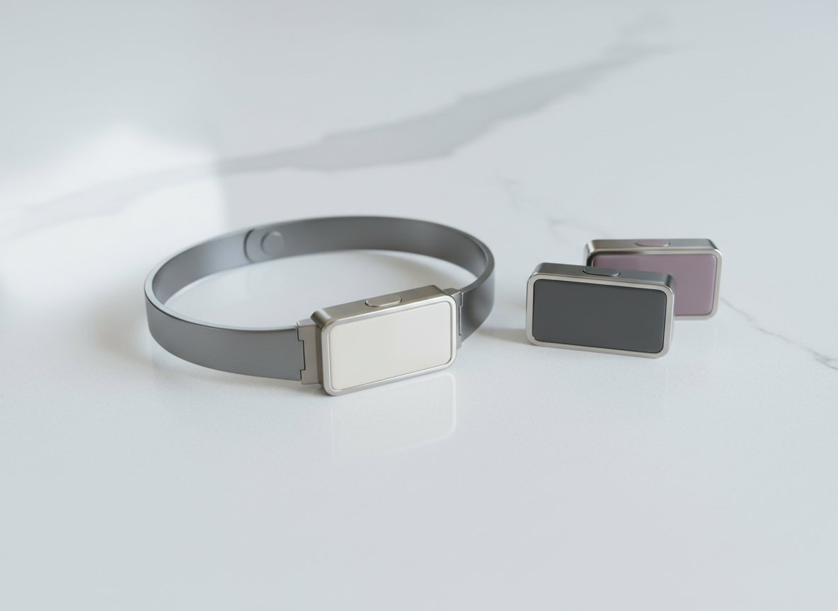 A single防犯アクセサリー styled as a modern bracelet resting on a clean, white quartz countertop. The bracelet features a narrow, gunmetal-gray band with a satin finish and a central rectangular module in muted ivory, edged by a razor-thin polished metal frame. Next to it lie two alternative modules in charcoal and dusky plum, showing how the centerpiece can be swapped. Soft, cool studio lighting from both sides casts minimal, controlled shadows, emphasizing precision details such as the nearly invisible seam of the button and the fine grain of the band. Captured from a slightly elevated three-quarter angle, the mood is contemporary and understatedly luxurious, perfect for a fashion-conscious, urban lifestyle.
