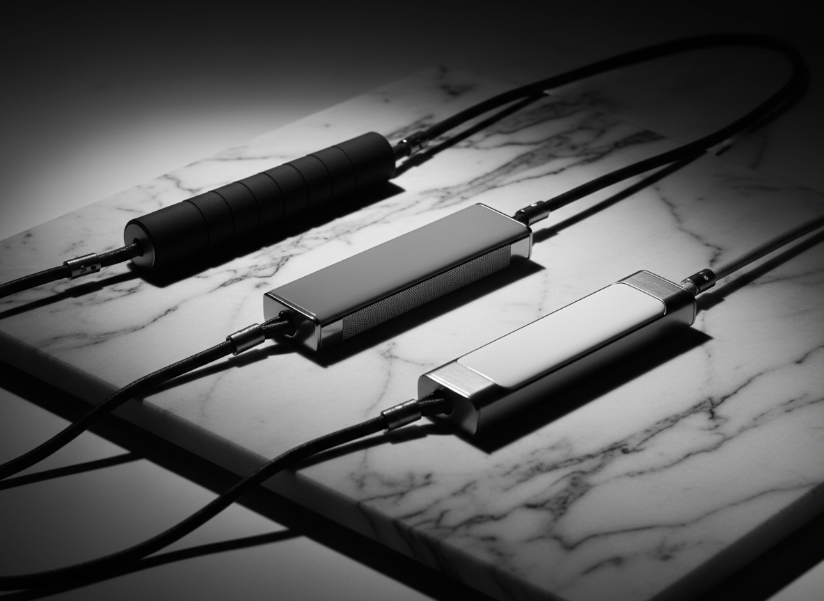 A monochrome防犯アクセサリー collection styled for a fashion editorial product shot. Three slender devices—one in matte onyx, one in soft dove gray, one in brushed stainless—are arranged diagonally across a black-and-white marbled slab. Each piece has a distinct texture: rubberized grip segments, finely knurled metal, and smooth ceramic-like panels. Around them, slim leather cords and minimalist clasps suggest necklace and bag-charm configurations. Directional studio lighting from above and slightly behind sculpts dramatic highlights along the edges and deep, controlled shadows, creating a bold yet refined atmosphere. Captured with a slightly elevated angle and medium depth of field, the image balances sharp detail on surfaces with a gentle falloff toward the corners, emphasizing versatility and high-end design.