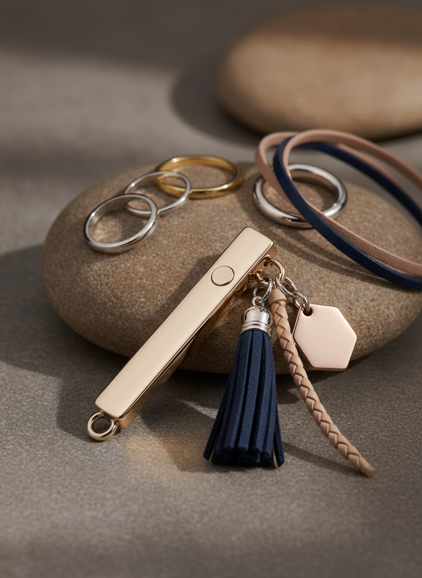 A close-up, photographic image of a sleek防犯アクセサリー designed as a minimalist pendant. The main unit is a slim, matte champagne-gold bar with a seamless side button and a tiny metallic loop for attaching interchangeable charms in deep navy, sand beige, and smoky rose. It rests on a smooth, warm-gray stone surface beside neatly arranged metal rings and leather straps, hinting at customization options. Soft studio lighting from the upper left creates refined highlights along the metal edges and gentle shadows beneath, emphasizing texture and build quality. Shot at eye level with a shallow depth of field, the pendant is in sharp focus while the background fades into a sophisticated blur, conveying calm, urban elegance and discreet protection as everyday jewelry.