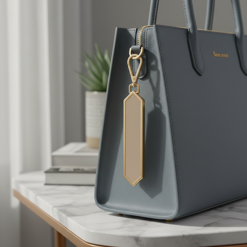 A防犯アクセサリー designed as a bag charm discreetly clipped to the zipper pull of a structured, vegan-leather tote placed on a marble-topped side table. The charm is a slim, elongated hexagon in matte sand beige with a narrow polished-gold border and a minimalist carabiner-style clasp. The tote is a muted slate color with subtle grain, complementing the charm’s palette. Soft morning daylight filters in from a nearby window, creating delicate reflections on the hardware and a gentle glow on the tote’s surface. Photographed at an eye-level, three-quarter angle with a shallow depth of field, the focus is on the charm and its attachment mechanism, while the rest of the bag and background blur into a calm, stylish scene that emphasizes discreet daily carry.