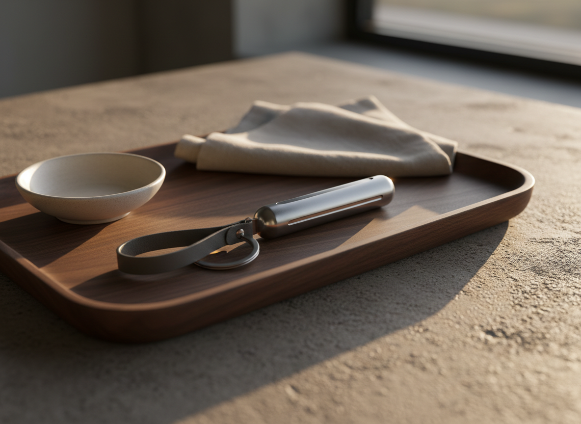 A refined防犯アクセサリー key holder placed on a dark walnut tray atop a textured concrete surface, styled like a high-end interior vignette. The device is an elongated, satin-finish steel capsule with a subtle bevel along its spine, attached to a charcoal leather loop and a slim, matte silver key ring. Nearby, minimalist objects—an open ceramic dish and a folded linen napkin in greige tones—add context without distraction. Warm, late-afternoon light streams from the right, creating long, soft-edged shadows and a gentle glow along the capsule’s curve. Photographic realism with a low, side-on camera angle and a shallow depth of field keeps the防犯アクセサリー as the unmistakable focal point, evoking calm sophistication and discreet readiness.