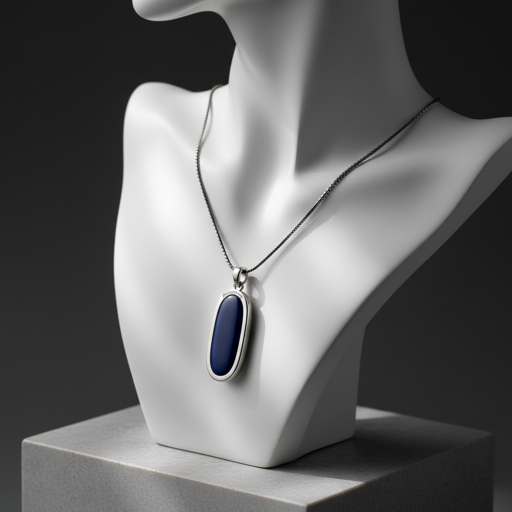 A close, angled product shot of a防犯アクセサリー necklace draped over a sculptural, matte-white bust form. The pendant is a slim, elongated oval in deep midnight blue with a ceramic-like sheen, framed by a thin polished platinum ring and hanging from a fine, gunmetal chain. The bust stands on a soft gray plinth against a blurred, charcoal backdrop. Focused studio spotlights from the upper left create subtle specular highlights on the pendant and a gentle gradient of light across the bust, while the background falls into velvety darkness. Photographed with a tight crop and shallow depth of field, the mood is gallery-like and luxurious, emphasizing the jewelry-level craftsmanship and discreet functionality of the防犯アクセサリー.