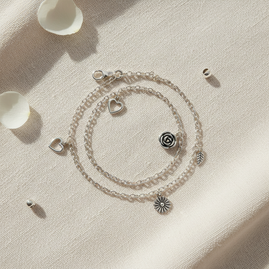 An assortment of custom防犯アクセサリー modules laid out in a carefully organized flat lay on a pale taupe linen cloth. At the center, a matte black oval main unit with a subtle brushed texture, surrounded by interchangeable outer frames in brushed silver, muted rose gold, and deep forest green, plus slim leather straps and geometric charms. The polished metal catches soft, diffused daylight from a nearby window, creating gentle reflections and a calm, refined mood. Shot from a true bird’s-eye view with crisp focus across the scene, the composition uses the rule of thirds and ample negative space, highlighting the variety of combinations and the brand’s focus on both security function and sophisticated self-expression.