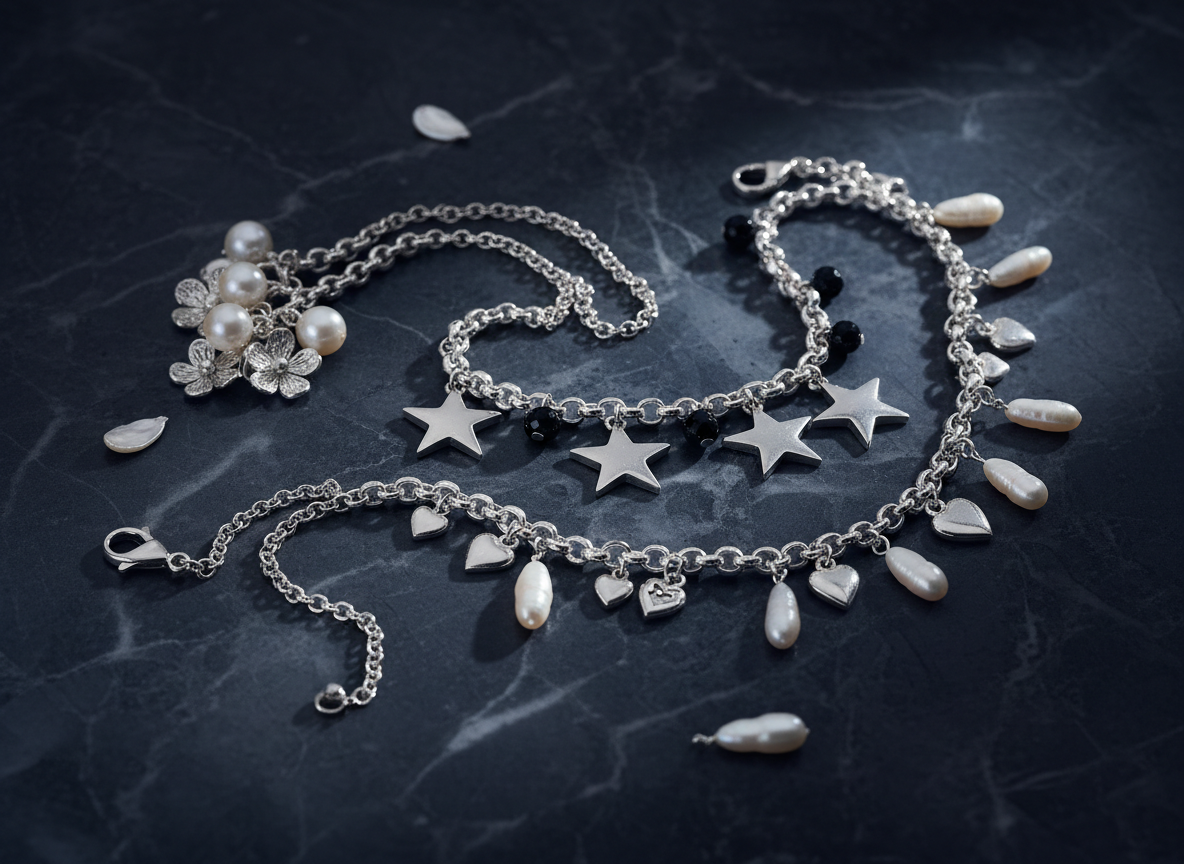 A monochrome防犯アクセサリー collection styled for a fashion editorial product shot. Three slender devices—one in matte onyx, one in soft dove gray, one in brushed stainless—are arranged diagonally across a black-and-white marbled slab. Each piece has a distinct texture: rubberized grip segments, finely knurled metal, and smooth ceramic-like panels. Around them, slim leather cords and minimalist clasps suggest necklace and bag-charm configurations. Directional studio lighting from above and slightly behind sculpts dramatic highlights along the edges and deep, controlled shadows, creating a bold yet refined atmosphere. Captured with a slightly elevated angle and medium depth of field, the image balances sharp detail on surfaces with a gentle falloff toward the corners, emphasizing versatility and high-end design.